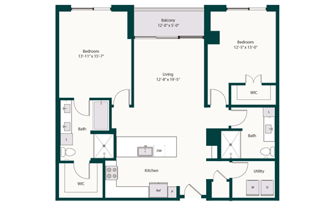 Floor plan for 2 beds, 2 baths, 1319 sqft